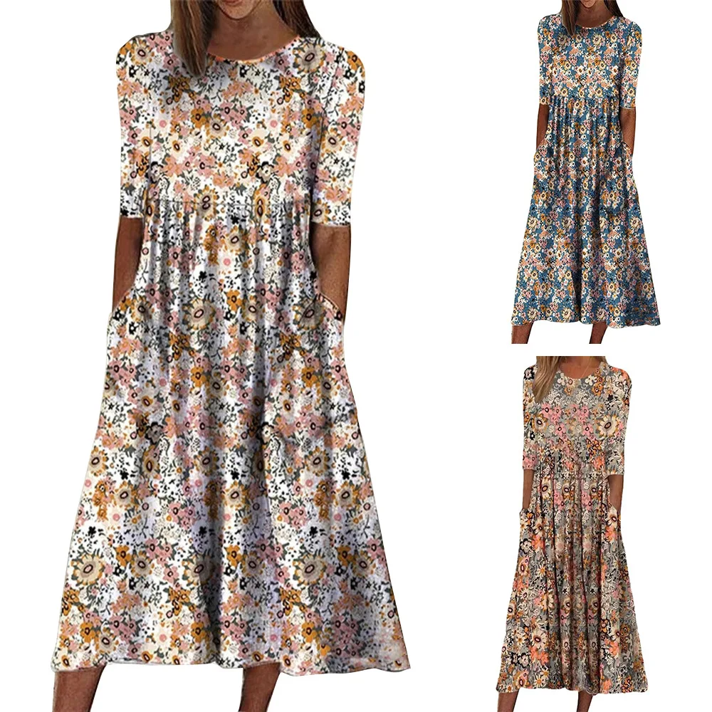 2026 Women's New Dress Summer Fashion Floral Print with Pocket Included Dress