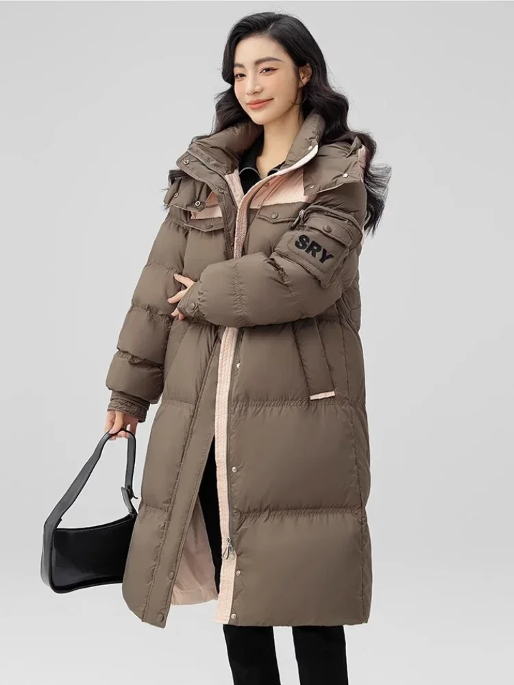 

Women's Splicing Color Collision Mid-length Hooded Down Jacket, White Duck Down, Thickened, Warm, Casual Jackets, Winter Clothes