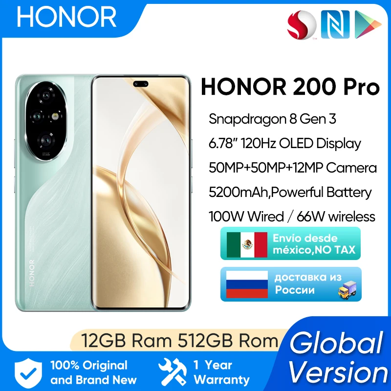 Смартфон HONOR 200 Pro 5G, глобальная версия, 6,78 дюйма, AMOLED-дисплей, 120 Гц, Snapdragon 8 Gen 3, 100 Вт, суперзарядное устройство, аккумулятор 5200 мАч, 50 МП