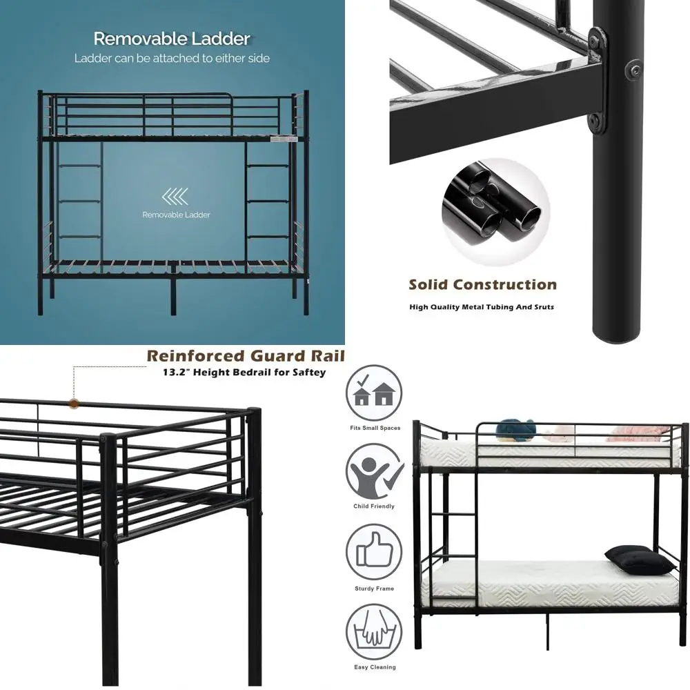 

Двухъярусная кровать Twin Over Twin с лестницей, высоким ограждением и ступеньками, прочный металлический каркас, черная.