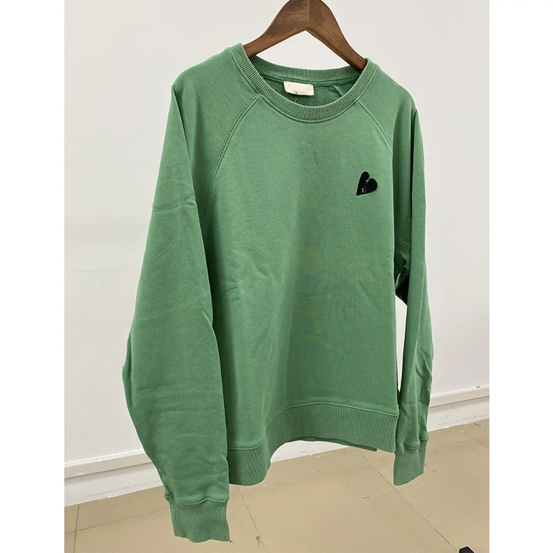 Women Green Pullover Love Embroidery Cotton Tops Female O-Neck Sweatshirts Casual Long Sleeve Sweatshirt Loose Winter Tops