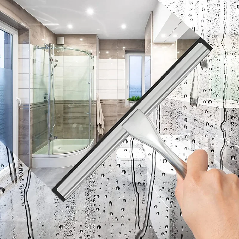 Stainless Steel Shower Squeegee for Shower Doors with Hooks Household Bathroom Window Mirror Glass Cleaning Tool for Home