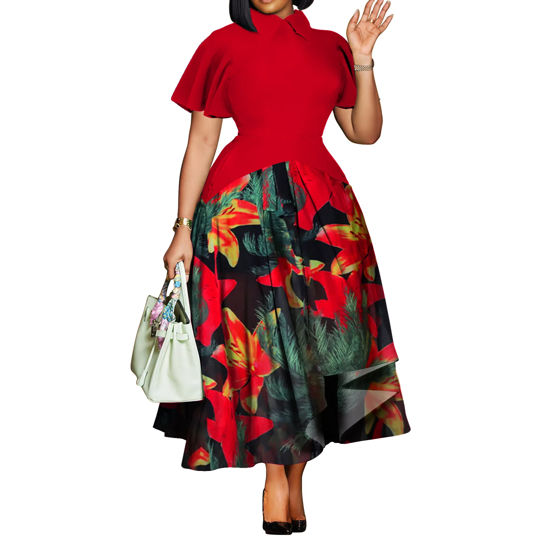 Women's Clothing 2025 Summer Fashion Temperament Woman Dress Plus Size Lapel Neck Short Sleeves Printing Elegant Party Dresses