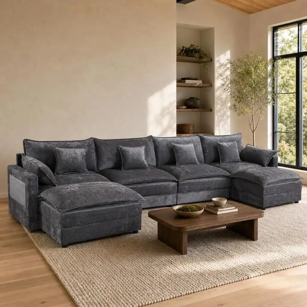 U Shaped Modular Sectional Sofa, 6-Seat Chenille Deep Seat with Ottomans & Pillows, Modern for Living Room, Customized