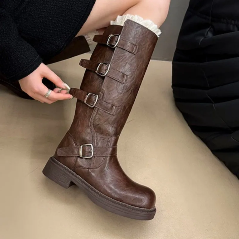 Fashion Buckle Mid Heels Women Long Boots 2025 Designer Elegant Dress Pumps Shoes Winter New Trends Chunky Knee Boots De Mujer