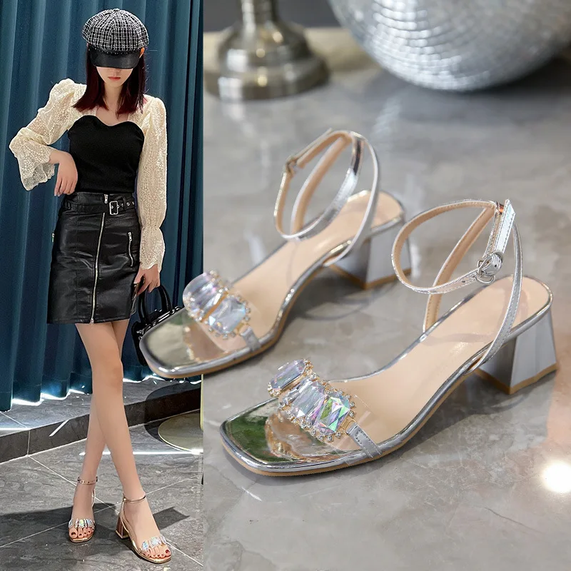 

One Word with Rhinestone Rose Gold Square Toe Sandals Women's Open Toe Sexy Sparkle Block Heel Summer New Fairy Style