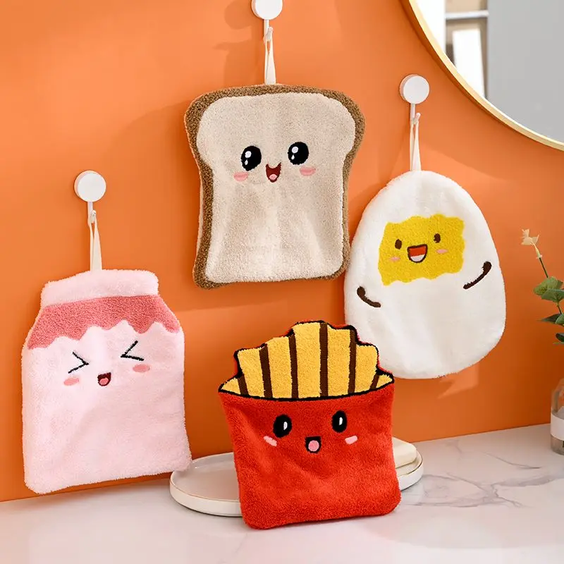 Patatine fritte Pane Simpatico cartone animato Asciugamano Asciugamano Appeso Cucina Asciugatura a mano Straccio A tre strati Addensato Corallo Peluche Asciugamano Fazzoletto