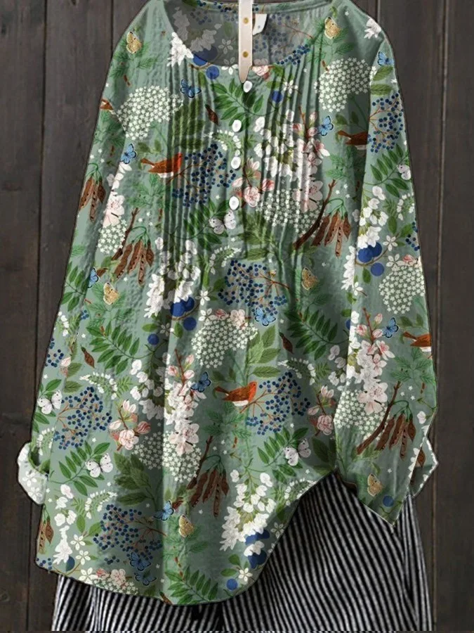 

Retro Floral Print Loose Casual Long Sleeve Bamboo Cotton Shirt Women's Comfortable Versatile Top round Neck Classic Style