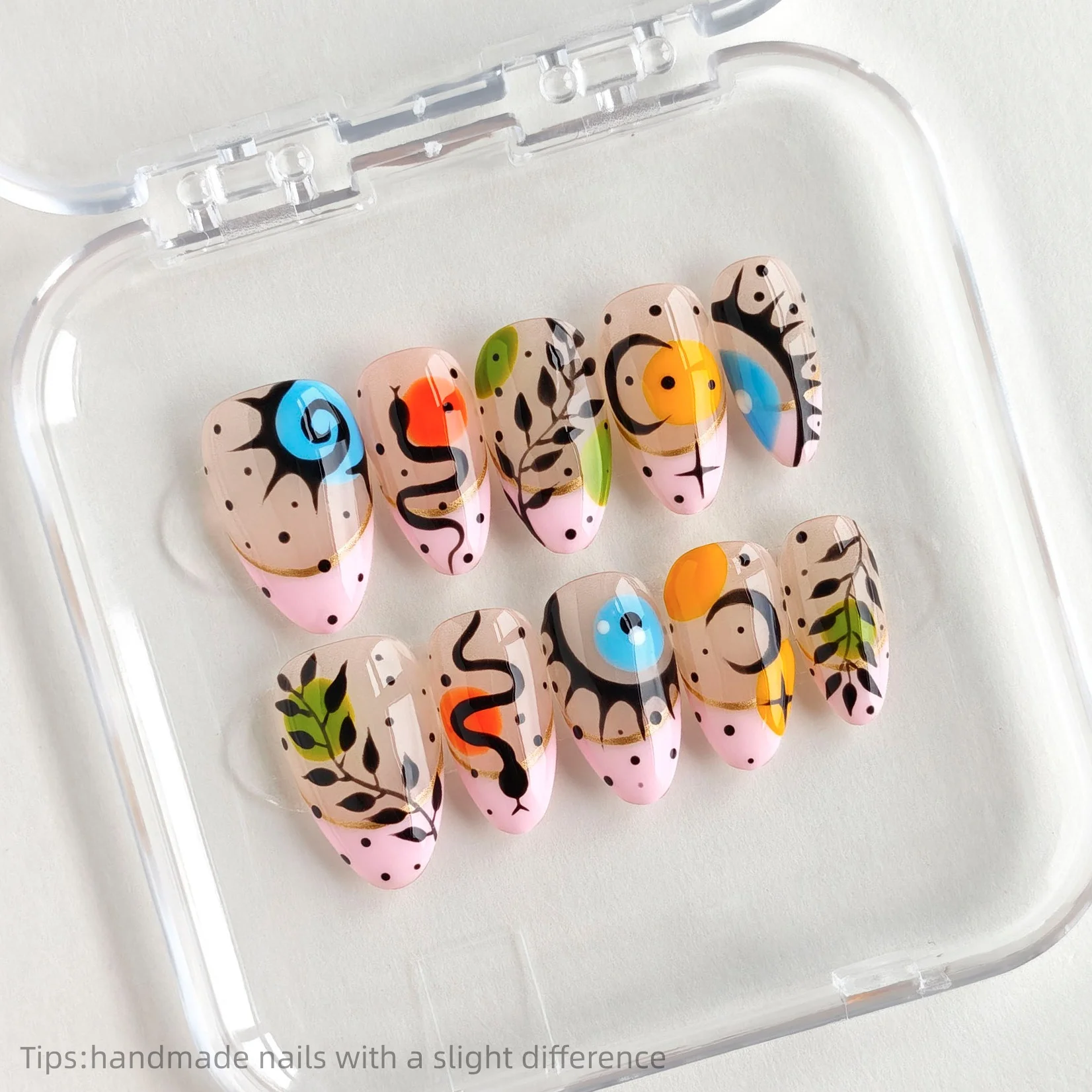

10 шт., розовые телесные красочные узоры ручной работы, миндалевидные короткие накладные ногти с полным покрытием, носимые многоразовые модные накладные ногти 2026