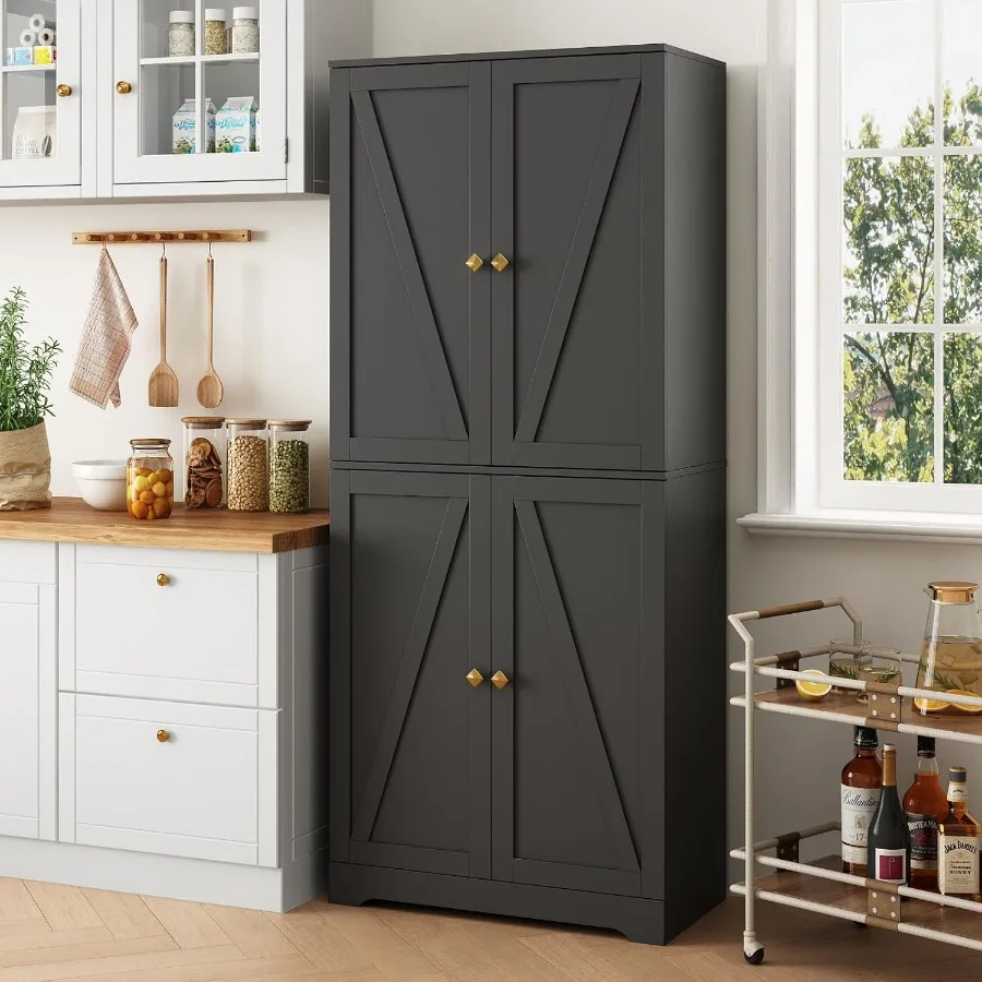 72 Tall Farmhouse Kitchen Pantry with Adjustable Shelves Large Wood Storage Cabinet with Drawer 2 Barn Doors Freestanding Stora