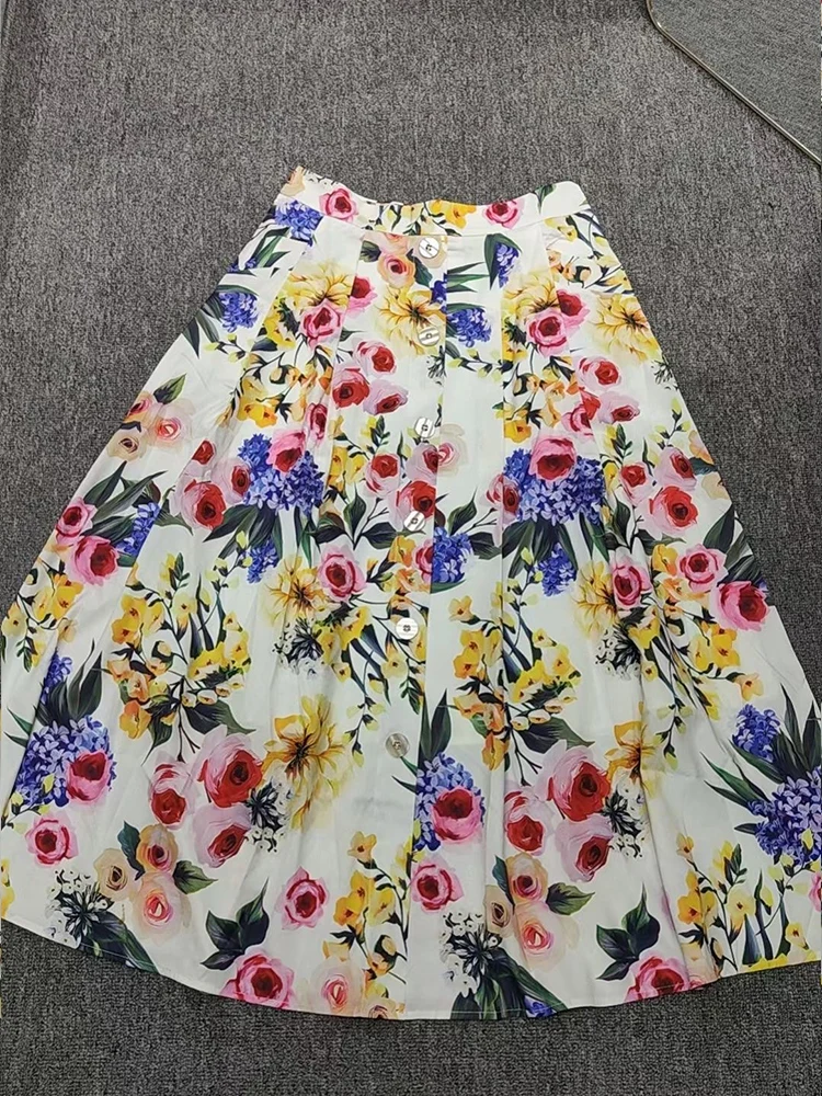 Lente En Zomer Nieuw Bedrukt Shirt Sexy Jarretel Korte Blouse + Hoge Taille Zakknop Grote Schommelrok Tweedelig Damespak