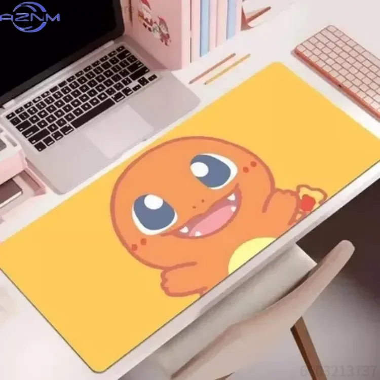 Kawaii Chibi Character Large Gaming Mousepad, Cute Cartoon Starter Monster Non-slip Rubber Lock Edge Keyboard Desk Mat for Girls