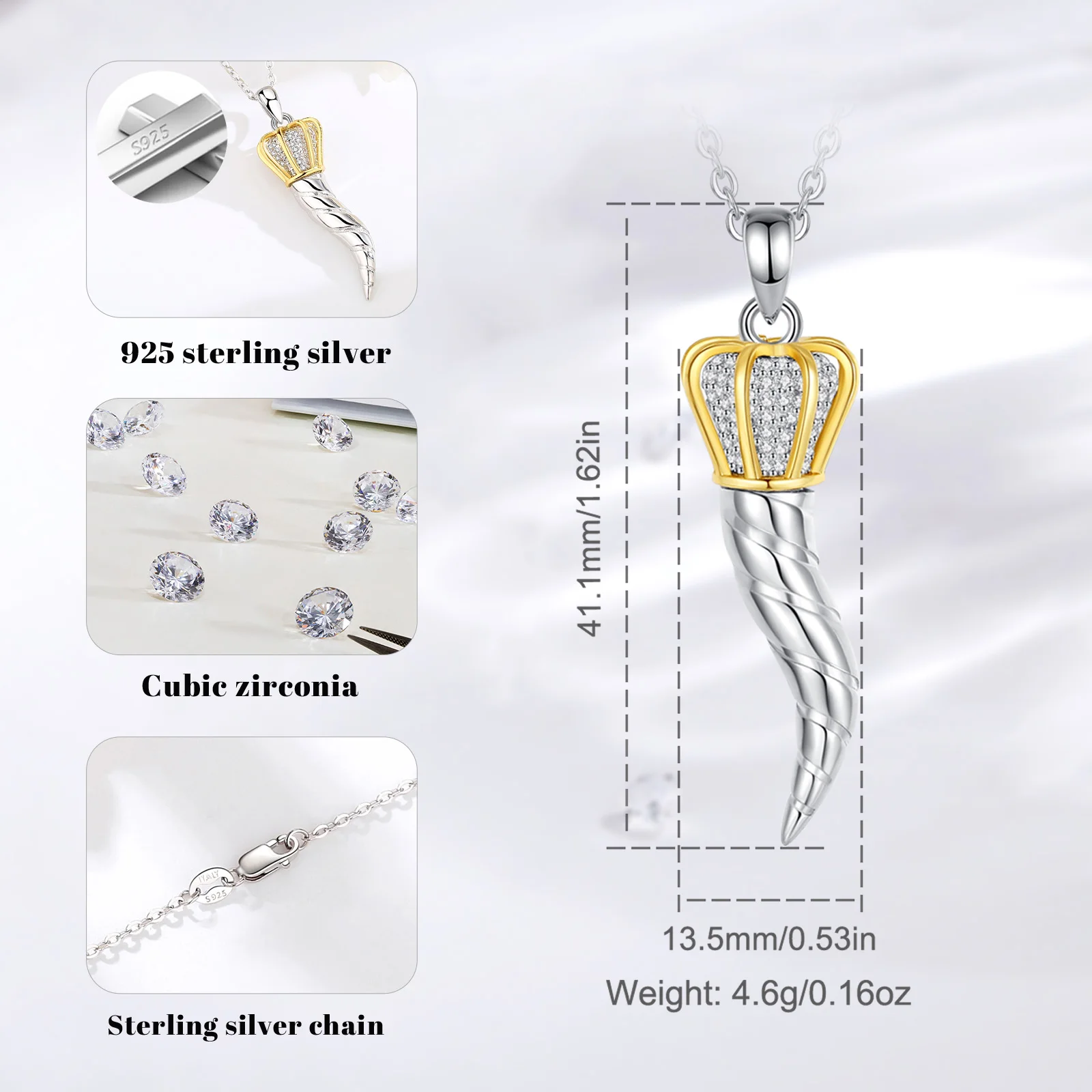 Eudora 925 Sterling Silver Italian Horn Necklace for Women Men Good Luck Charm Cornicello Amulet Pendant Fine Jewelry Gift