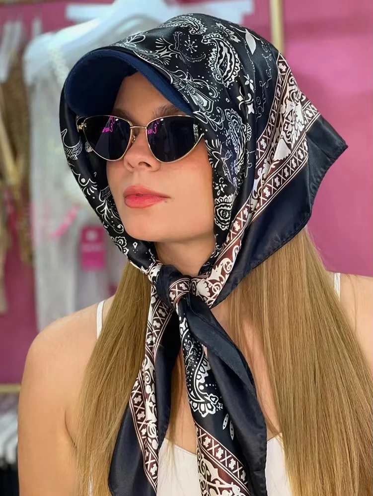 90*90CM Classic Paisley Print Square Scarf Soft Satin Bandana Vintage Windproof Head Wrap Casual Shawl Travel Beach Towel