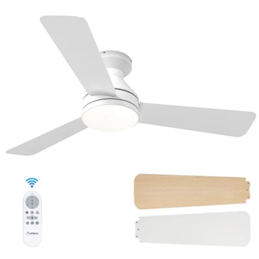 Ceiling Fans with Lights for Bedroom, Indoor/Outdoor Use: 42 inch Low Profile Flush Mount White Fan with Remote, Reversible, 3C