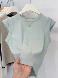 Summer Round Neck Flying Sleeve Short Sleeved T-shirt for Women, New Design Sense, Basic Cotton Elastic Slim Fit Top for Women