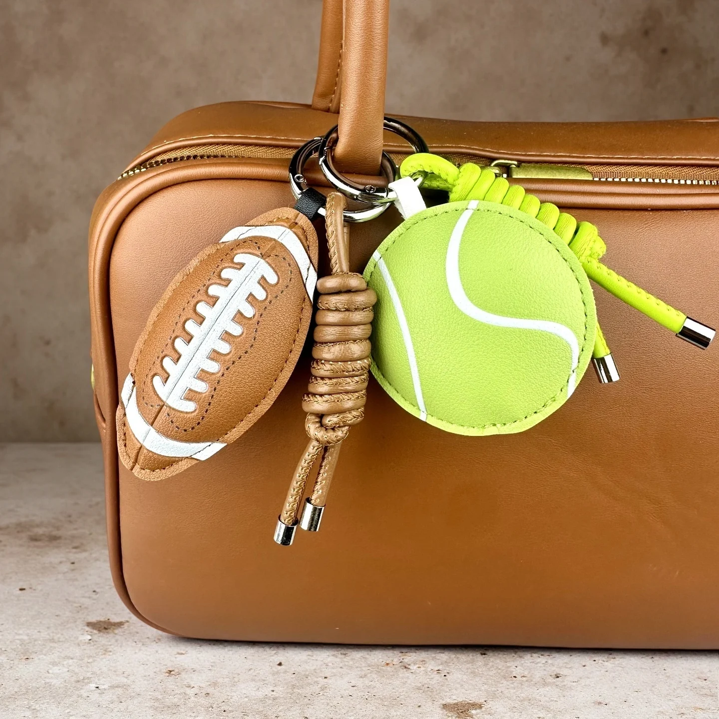 Sports Ball PU Leather Bag Charm Keyring Set – Sporty Bag Hanging Ornament with Unique Braided Lanyard, Gift for Sports Lovers