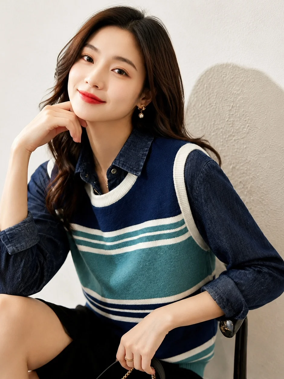 New 2026 Autumn Lazy Style Color Block round Neck Knitted Vest Women's Sleeveless Jacket Commute Versatile Fashion Ladies Vest