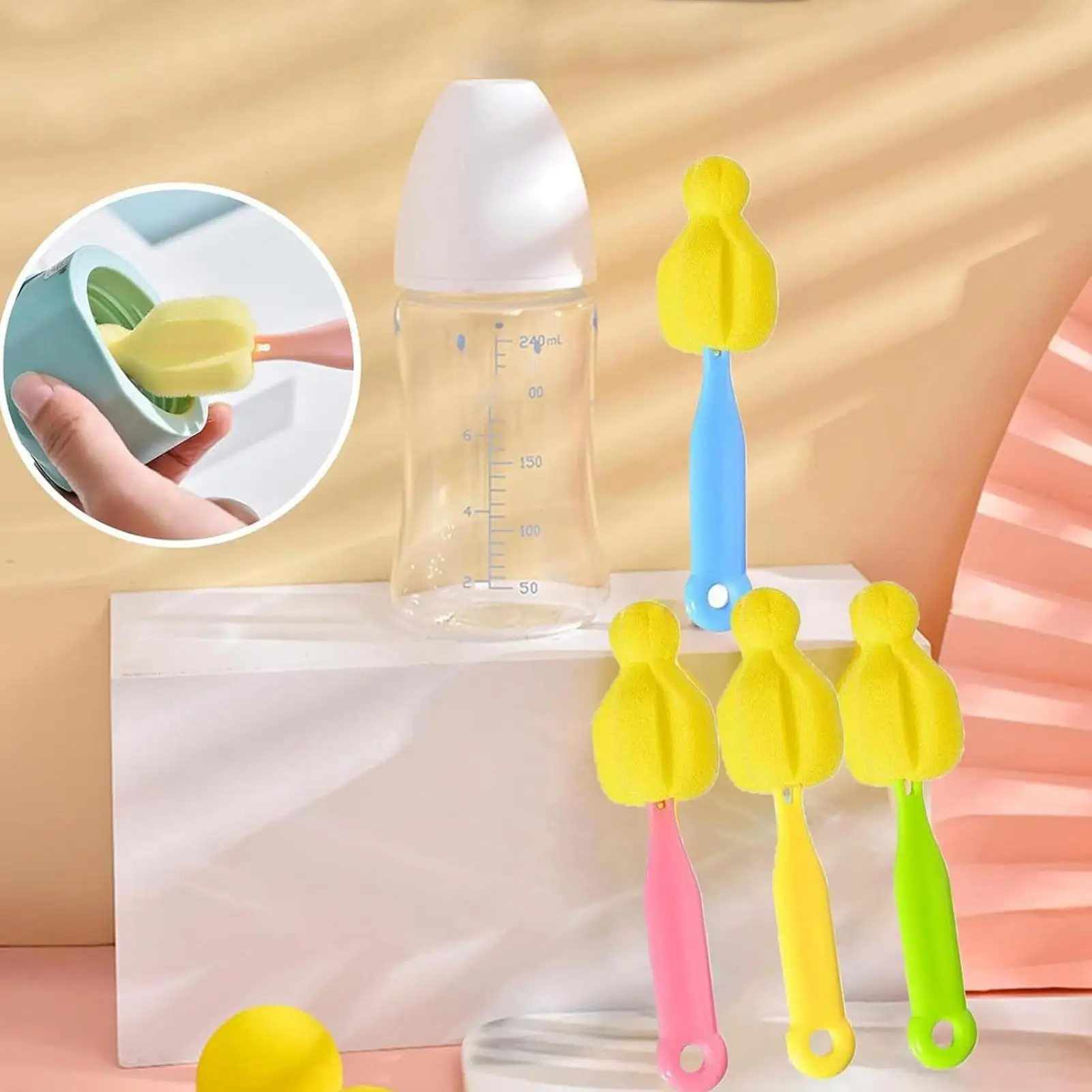 

4 Piece Long Handle Baby Bottle Brush Set with Nipple Sponge Cleaner for Water Milk Cups, Home Kitchen, Car, Airplane & Outdoor