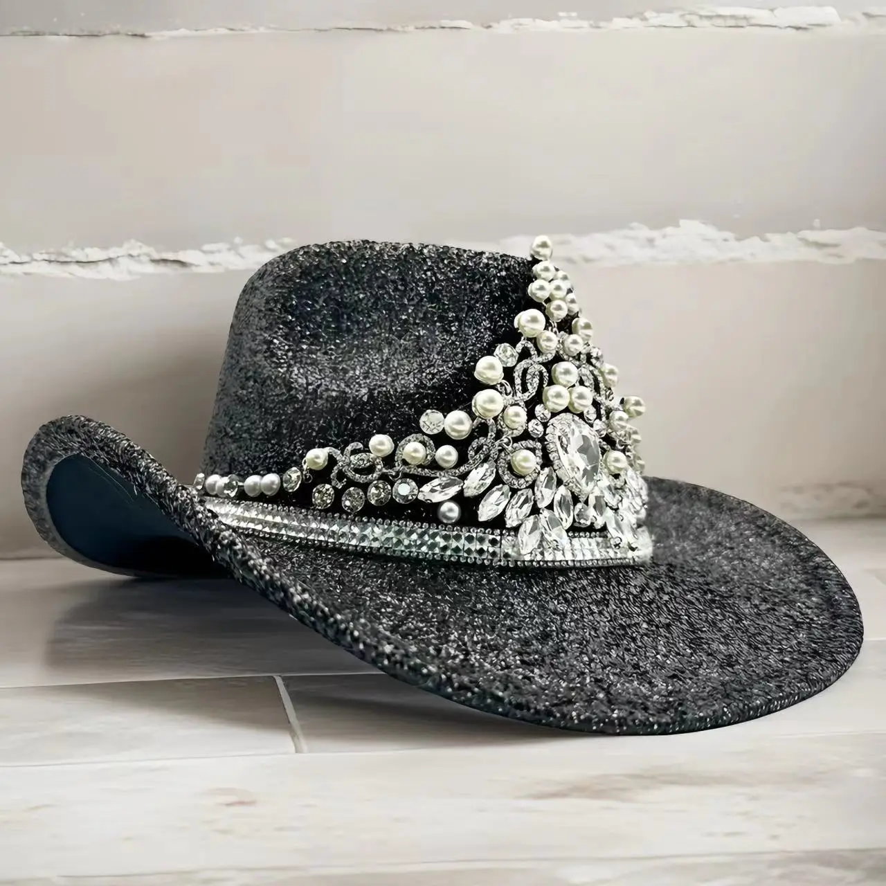 HongLuan Czarny Kapelusz na Halloween dla Dorosłych, Luksusowe Kapelusze Kowbojskie z Cyrkoniami dla Kobiet, Akcesoria do Cosplayu i Kapelusz Kowbojski
