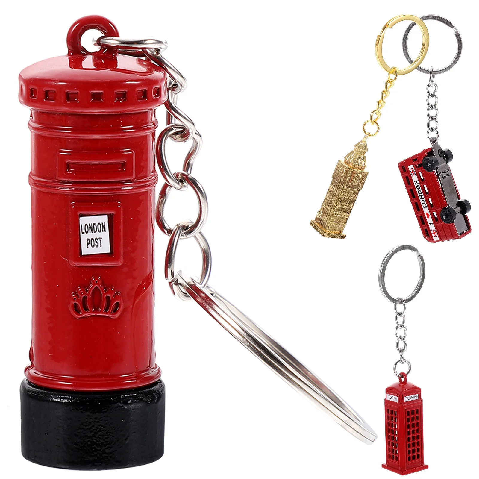 4 Pcs Key Chain Bag Pendant British Element Keychain Vintage Style Ornament Hanging Zinc Alloy Telephone Booth Creative