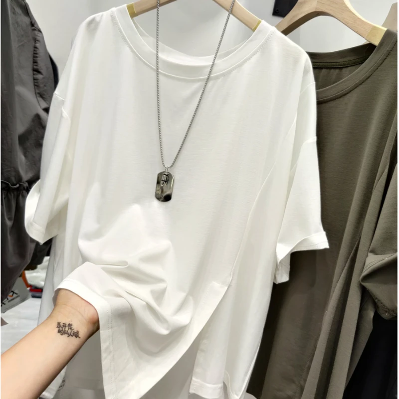 

European Oversized Women's Summer New Short Sleeved Irregular Casual Fashion Split Short Sleeved Versatile Round Neck T-shirt