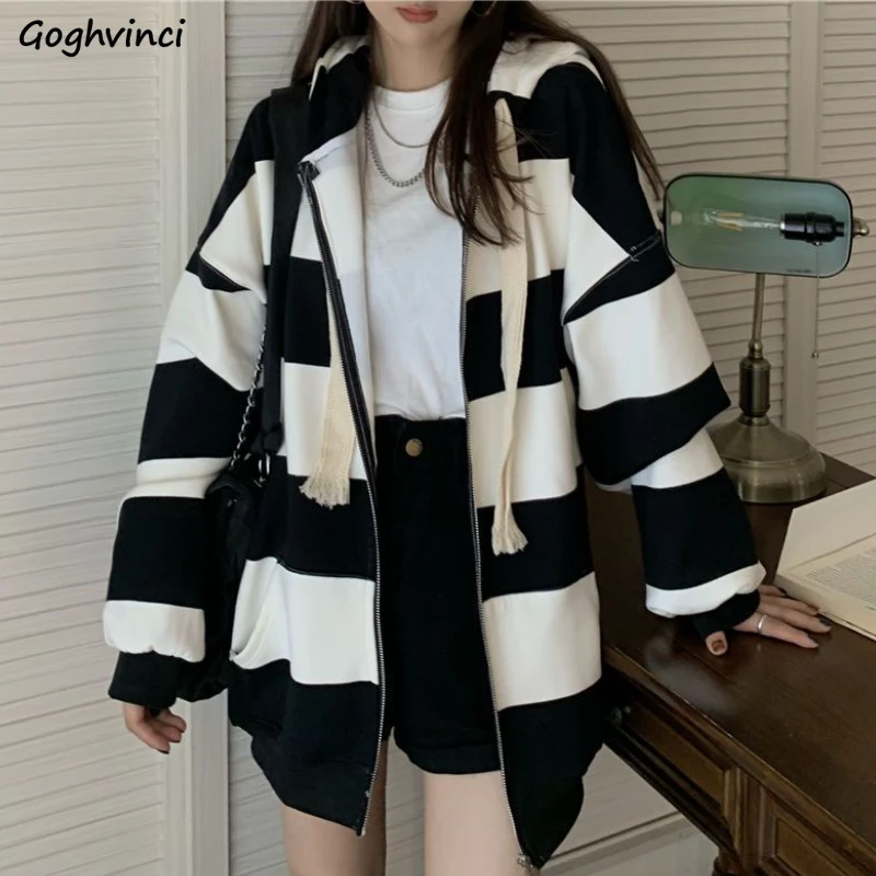 

Plaid Baggy Jackets Women Hooded Lazy Coat Cool Fashion Korean Style Casual Zipper Temper Streetwear Basic Pockets College Girls