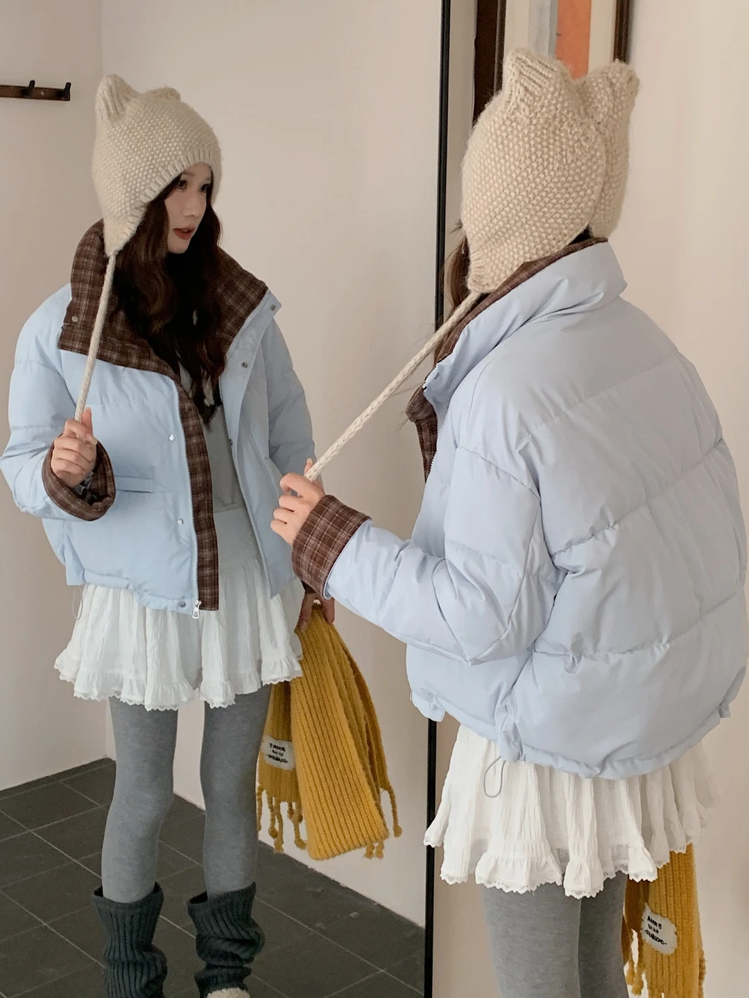 

Comfortable Thiened Woolen Material Jaet Korean Sle Patchwork Plaid Stand Collar Slimming Cotton Coat for Small Figures