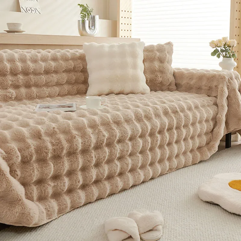 Winter Rabbit Plush Sofa Towel Cover Solid Thick Anti Slip Couch Cushion for Living Room Multi-Purpose Sofa Blanket for Office