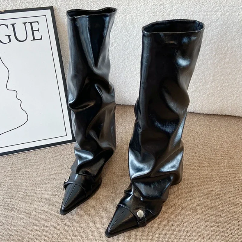 

Новые осенние дизайнерские длинные сапоги, женские ретро-брендовые модные рыцарские сапоги с острым носком, женские плиссированные теплые зимние женские высокие сапоги