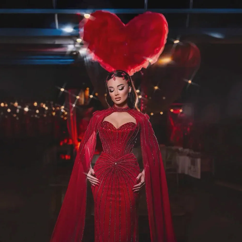 Eshaut & Bridal Elegante abito da sera a sirena per donna con maniche a mantella 2025 Abito lungo da cerimonia nuziale formale da ballo personalizzato