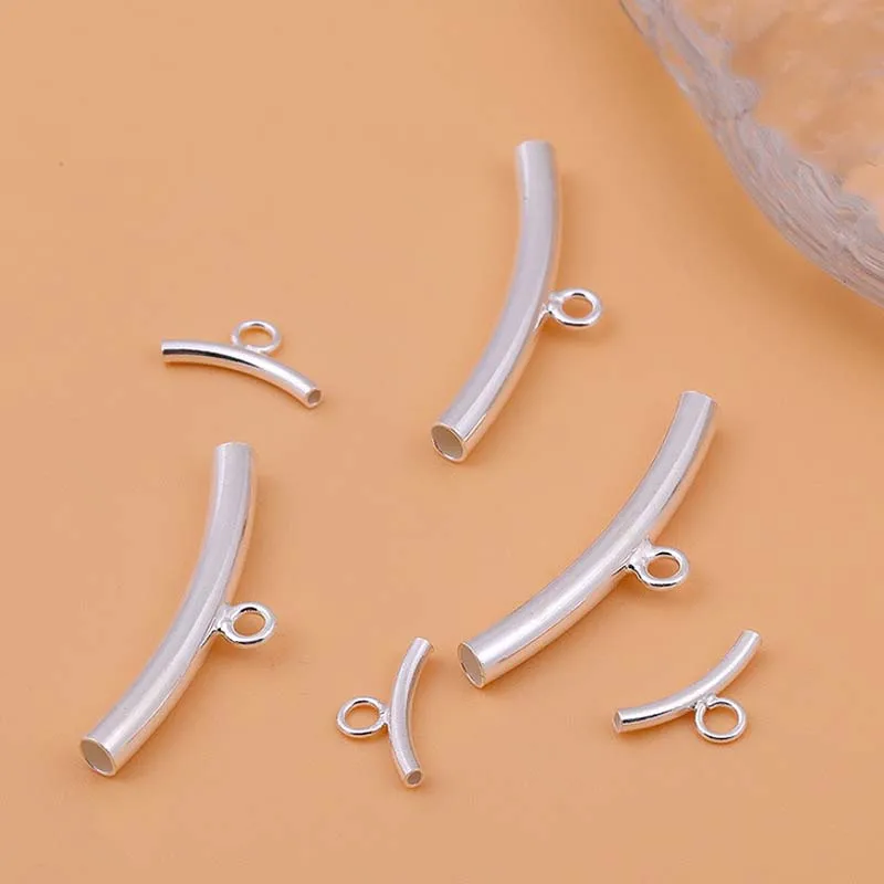 Real Pure Solid 925 Sterling Silver Curved Tube With Ring Silver Long Beads Connector With Ring DIY Jewelry Making Findings