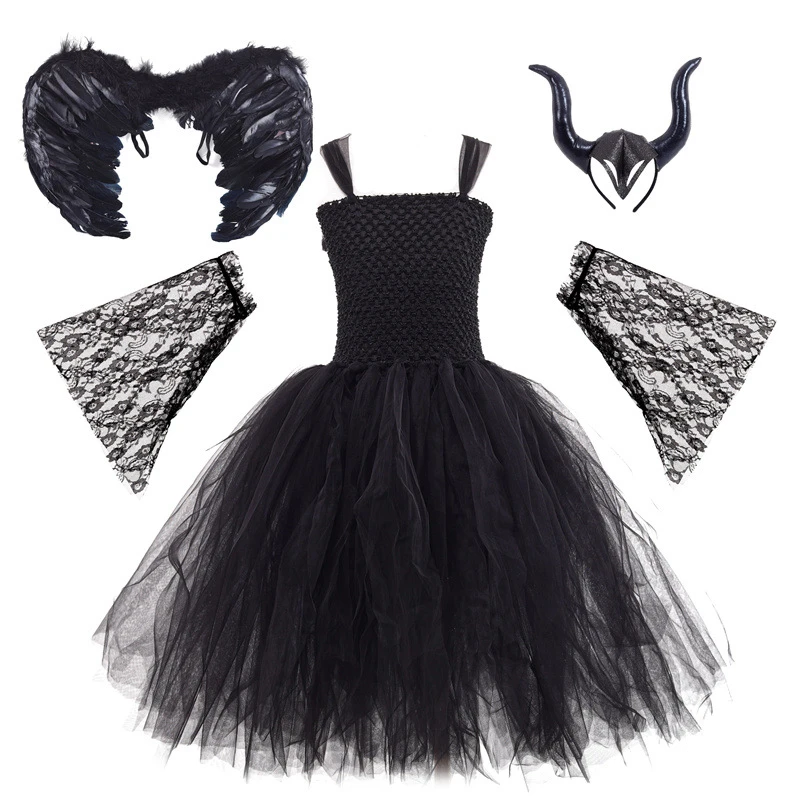 Girls Dark Fallen Angel Queen Costume Lace Tulle Gown Horn Headband Feather Wings Scepter Halloween Carnival Kids Cosplay Outfit