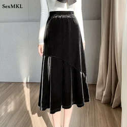 Autumn Winter Mid Length Black Skirts Women Elegant Fahsion Elastic Waist Faldas Casual Korean A Line Velvet Harajuku Midi Skirt