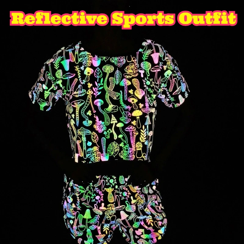 

Women Summer Colorful Mushroom Reflective Shorts Knit Breathable Loose Three Point Hot Pants Elastic Waist Night Vision Running