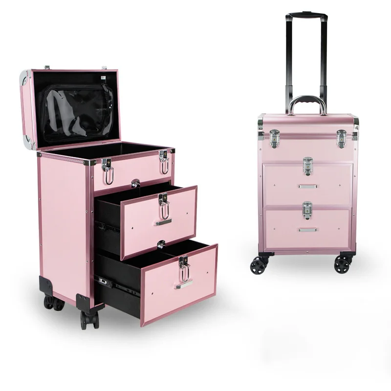 High Quality Multifunction Trolley Case Travel Aluminum Beauty Cosmetic and Cases Makeup Bag with Wheels Fashion Makeup Suitcase