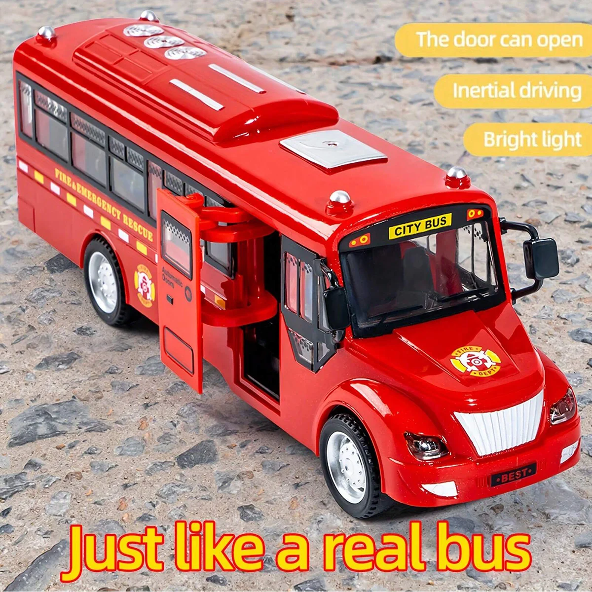 Juguete de autobús fresco de 1 pieza, modelo de autobús escolar de gran tamaño con efectos de sonido y luz, funciones extraíble y hacia adelante, juguete de puerta abierta