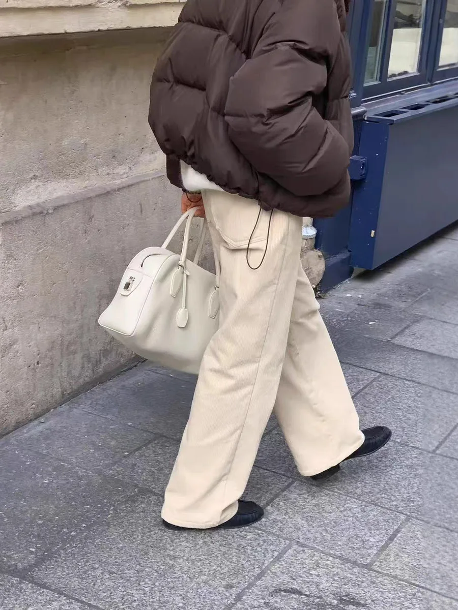 

Женские вельветовые брюки с высокой талией, прямого кроя, на флисовой подкладке, повседневные, Dongda Gate OUCE, теплые, комфортные, свободного кроя