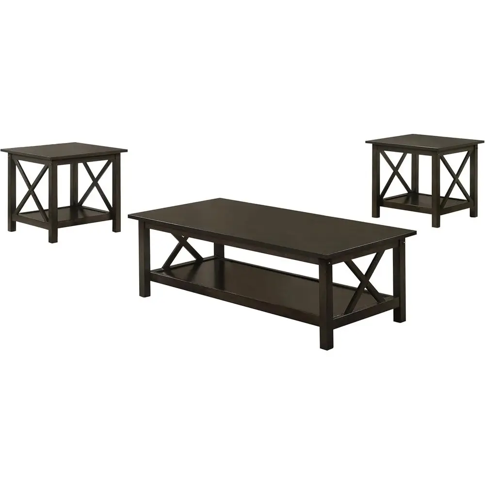 

Merlot-Toned Asian Hardwood Coffee Table Set with 2 End Tables and Lower Shelf Storage for Casual Living Rooms