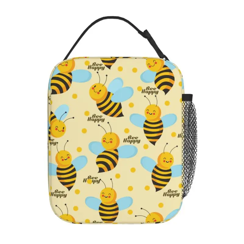 Cartoon Bees Bee Happy Insulated Lunch Bag Portable Reusable Thermal Cooler Oxford Lunch Box Food Bento Tote Bag for Boys Girls