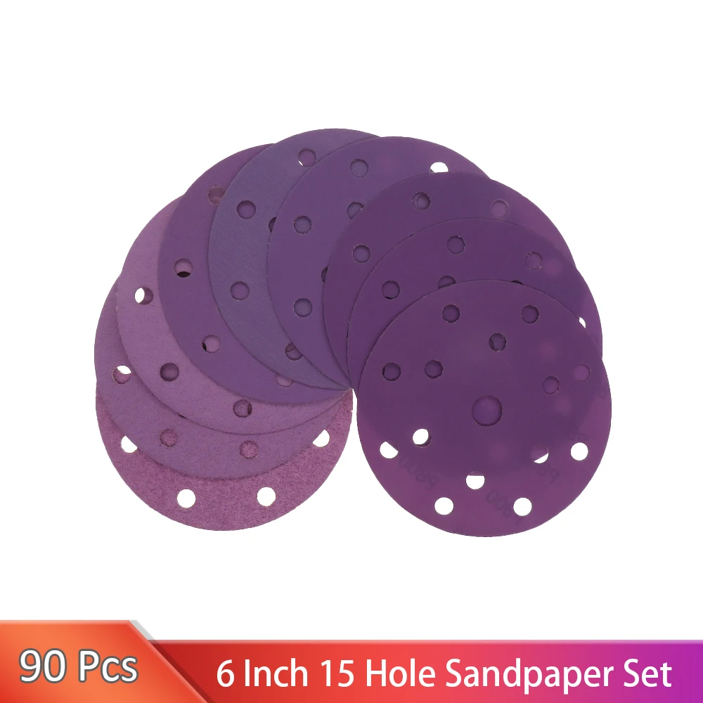 

6 Inch 17 Hole Sanding Discs 100PCS 40-800Grit Assorted Professional Sandpaper Hook&Loop Random Orbital Sander Round Sandpaper