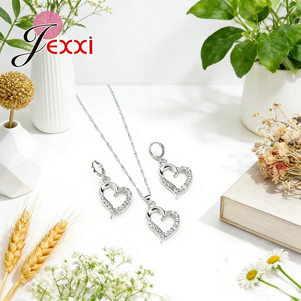 Wavy Modeling Love Shape Cute Sweet Style 925 Sterling Silver Suit Earring Necklace Set Surprise Birthday Gift Women