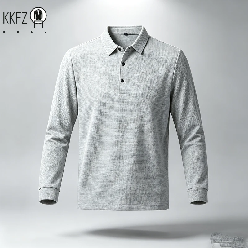 Men Long Sleeve Lapel Polo Shirt Lightweight Textured Knit Button Top Suitable For Business Meeting Daily Wear
