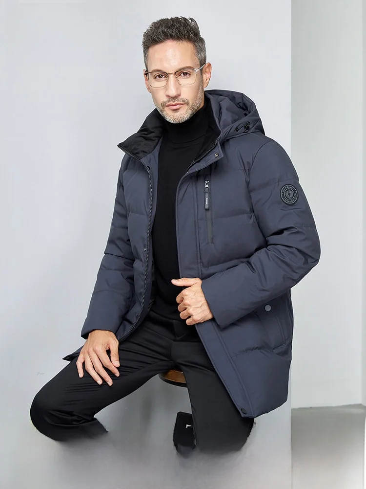 

Snow Flng Men's down Jaet Busin Casual Hooded Mid-Length Large Size Dad Sle Senior Warm Polyester Fiber Du down