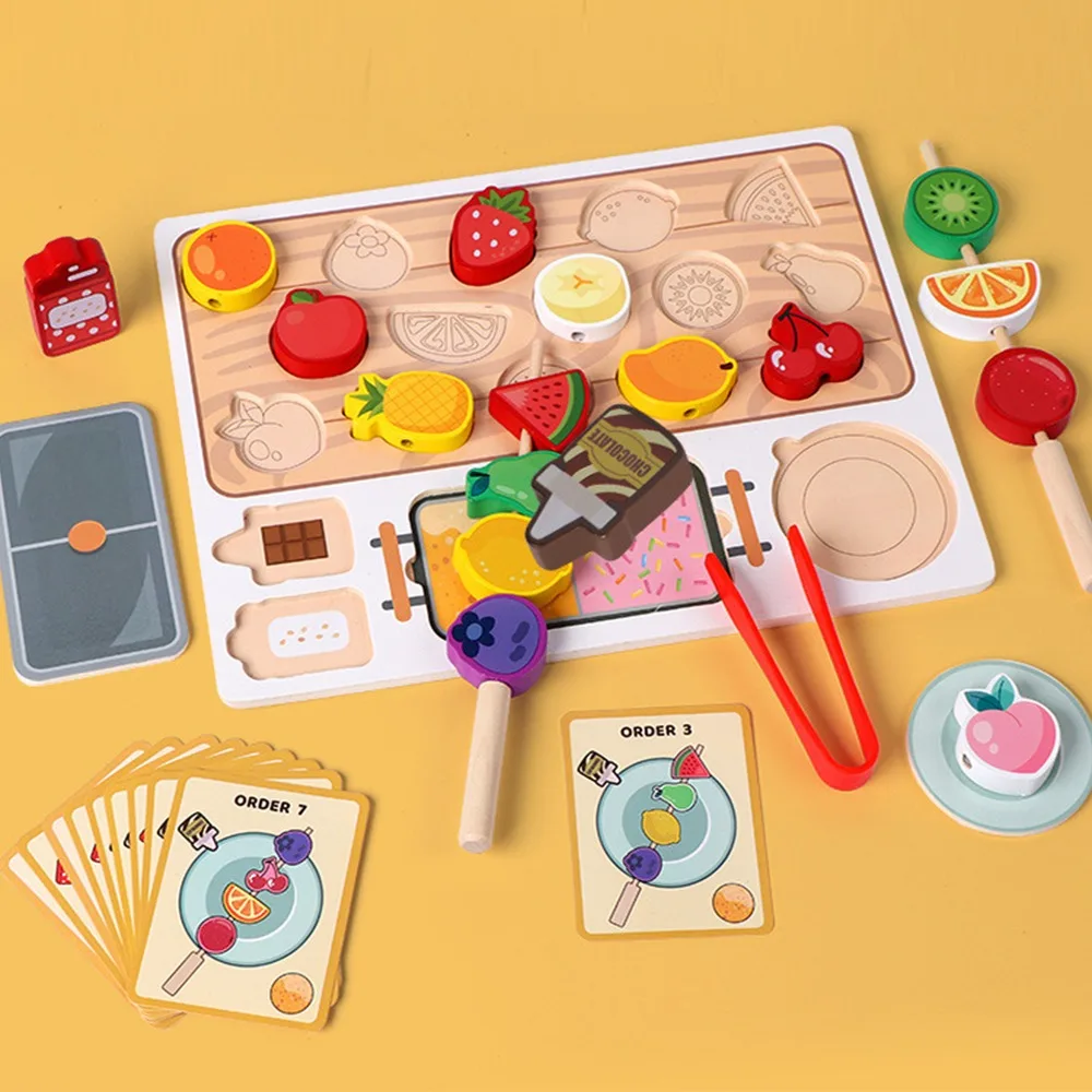 Jouets en bois Montessori multicolores amusants, Simulation de bois pour Barbecue, bricolage, dessin animé, jeux de coupe assortis aux fruits