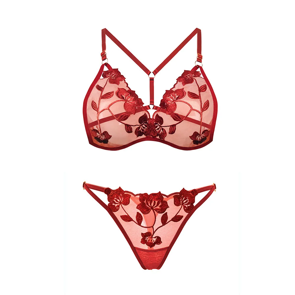 

French-style Sexy Ultra-thin Embroidered Underwear Valentine's Day Gift Transparent Bra And Thong Set Hot Transparent P88R