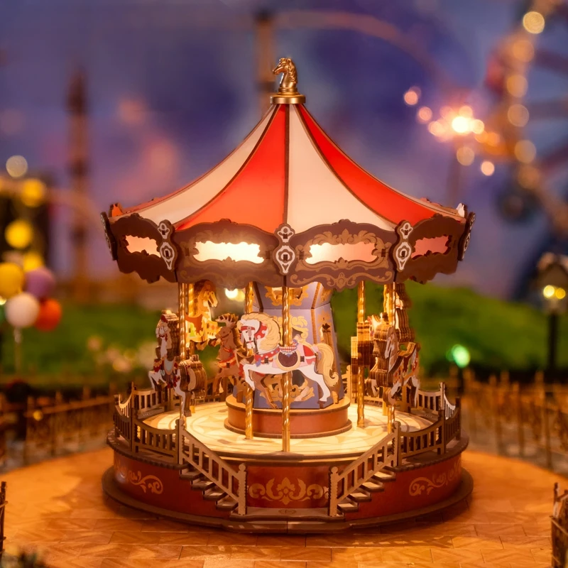 Classic Carousel Music Boxes Easy Assemble 3D Wooden Puzzle Moveable Design with Light Xmas Gifts for Family