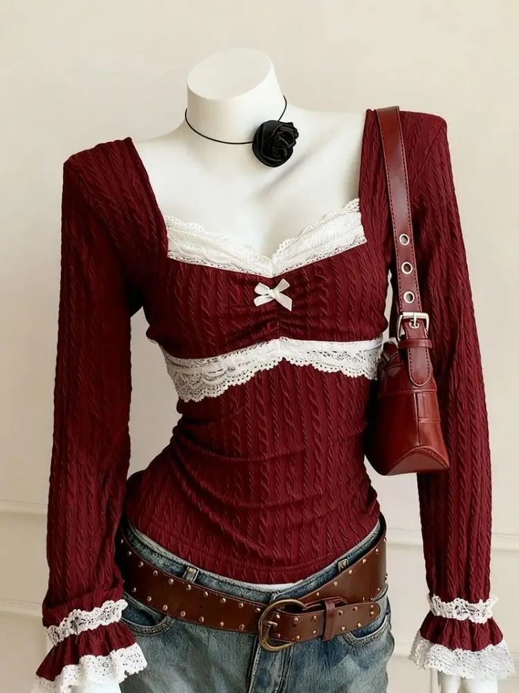 Camisetas Vintage ajustadas Y2k para mujer, camisetas cálidas de diseño francés con encaje Retro de retazos, camisetas finas de manga larga para chica 2026