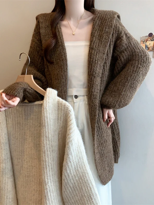 

plus Size Lazy Style Color Knitwear Jacket Women's Autumn Winter Loose Slimming Hooded Open Cardigan Top