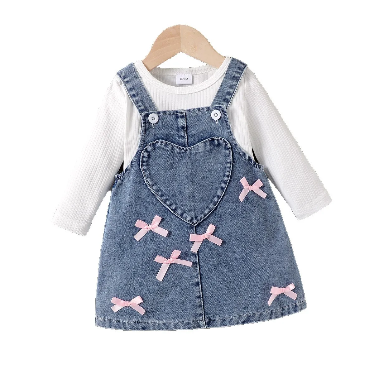 2026 New Spring Autumn Kids Outfit White Long Sleeve Top & Blue Suspender Skirt 2 Piece Set for 6M-3Y